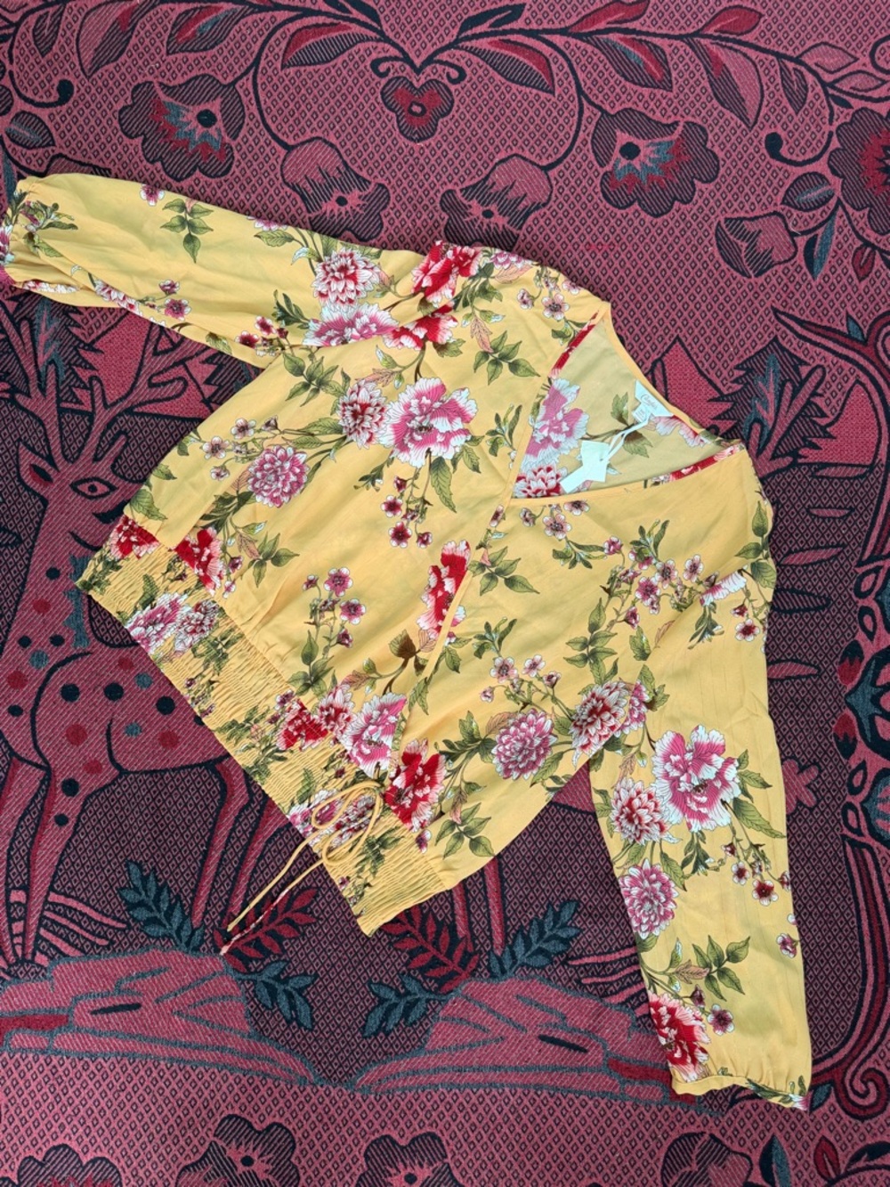 Candie's Yellow Floral V-Neck Blouse with Pink Accents